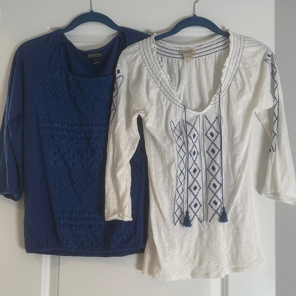 Lucky Brand 3/4 sleeve Blue and White Embroidered Women's Tops